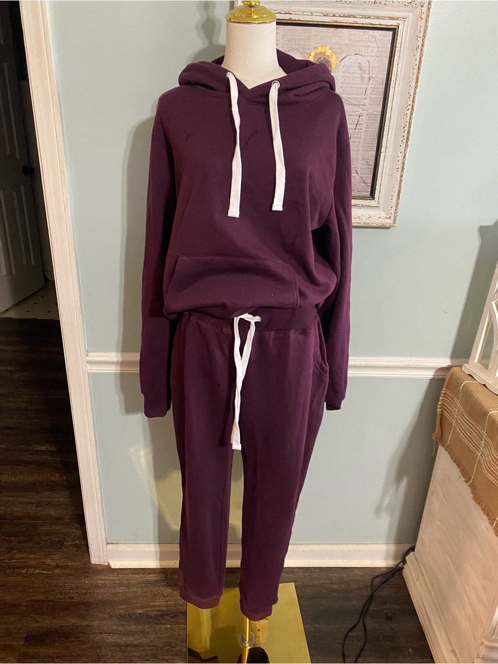 Plum Hooded Sweatshirt & Jogger Set with White Drawstrings